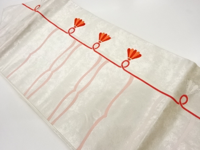 長谷川織物製　横段に抽象花模様織出し名古屋帯